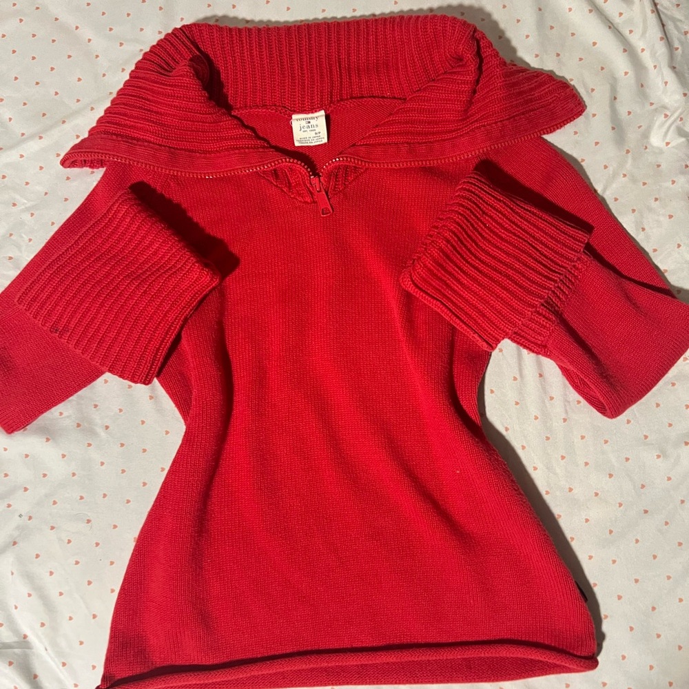 RED TOMMY HILFIGER HALF ZIP UP SWEATER ❤️